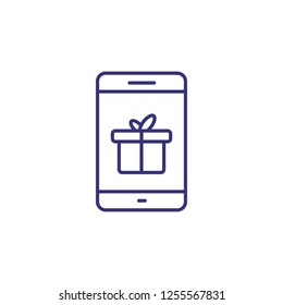 Mobile gift line icon. Mobile app, gift message, online shopping. Christmas concept. Vector illustration can be used for topics like holiday, wireless technology, shopping