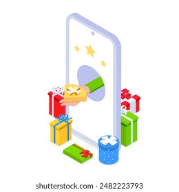 Mobile gifts. Isometric vector iilustration on white background. Smartphone with gift boxes. Concept of mobile rewards.
