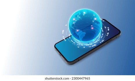 Mobile global communications. World wide web on phone via wireless satellite network technology. Smartphone digital connection at clouds services of all earth. Holographic abstract interface.