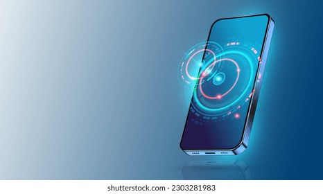 Mobile global communications. World wide web on phone via wireless satellite network technology. Smartphone digital connection at clouds services of all earth. Holographic abstract interface.