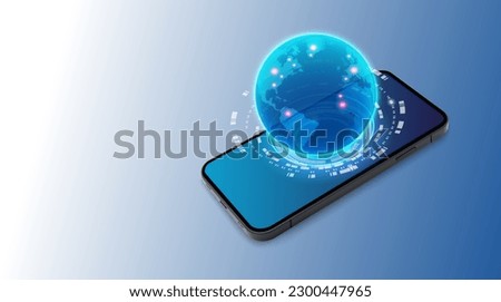Mobile global communications. World wide web on phone via wireless satellite network technology. Smartphone digital connection at clouds services of all earth. Holographic abstract interface.