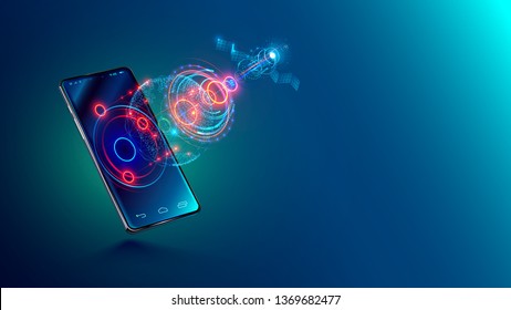 Mobile global internet communications. World wide web on phone via wireless satellite network technology. Smartphone digital connection at clouds services of all earth. Holographic abstract interface.