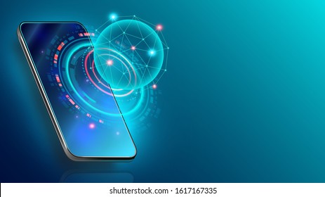 Mobile global internet communications. World wide web on phone via wireless satellite network technology. Smartphone digital connection at clouds services of all earth. Holographic abstract interface.
