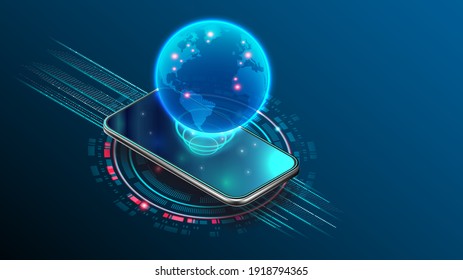 Comunicaciones móviles globales de internet. Internet en todo el mundo por teléfono a través de la tecnología de red satelital inalámbrica. Conexión digital a smartphone en servicios de nubes de todo el mundo. Interfaz holográfica abstracta.