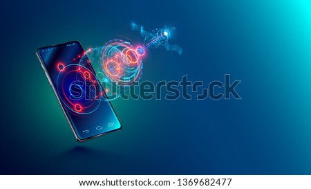 Mobile global internet communications. World wide web on phone via wireless satellite network technology. Smartphone digital connection at clouds services of all earth. Holographic abstract interface.