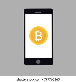 Mobile golden bitcoin sign icon.  Crypto currency. Vector flat illustration. 