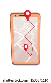 Mobile GPS Application Flat Vector Illustration. Smart Navigation And Route Planning Software, Modern Technology Concept. City Map On Smartphone Screen With Location Pin Marks. Digital Travel Guide