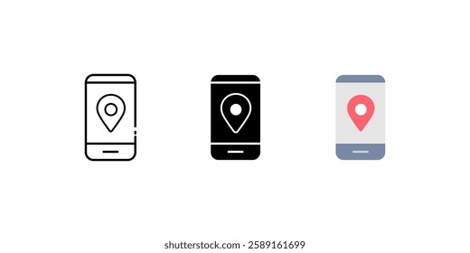 mobile gps icon set. Linear, silhouette and flat styles are editable.