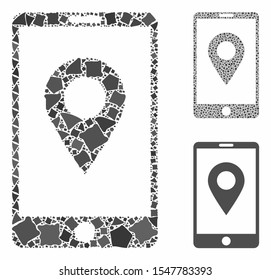 Mobile GPS mosaic of rugged items in variable sizes and color tones, based on mobile GPS icon. Vector rugged parts are combined into mosaic. Mobile GPS icons collage with dotted pattern.
