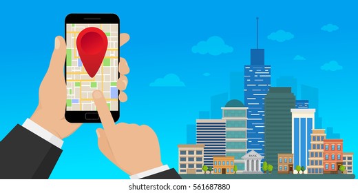 Mobile gps navigation, city and navigation app on mobile screen. City navigation web banner. Flat style. Vector illustration.