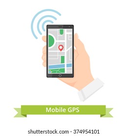 Mobile gps navigation concept.  Hand Holding Phone with white screen