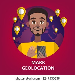 Mobile GPS navigation concept. Idea of modern technology that helps to find right direction or route to location on the map. Tourism concept. Flat vector illustration