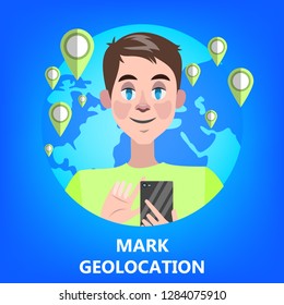 Mobile GPS navigation concept. Idea of modern technology that helps to find right direction or route to location on the map. Tourism concept. Flat vector illustration