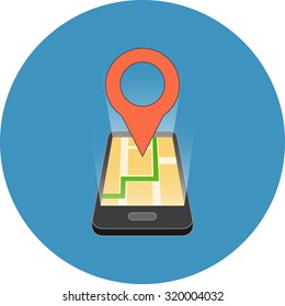 Mobile GPS navigation concept. Isometric design. Icon in blue circle on white background.