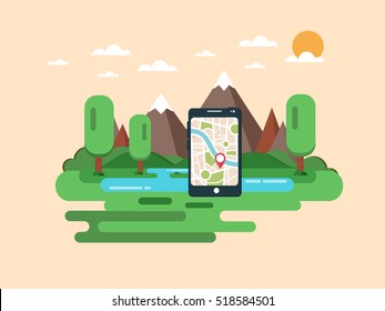 Mobile gps navigation. Flat design vector illustration 