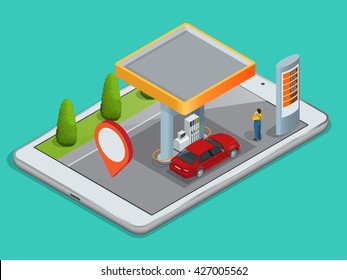 Mobile GPS navigation, gas station concept. View a map on the mobile phone on car and search GPS coordinates. Flat 3d vector isometric illustration.