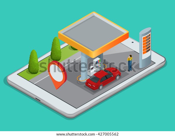 Mobile GPS navigation, gas station concept.\
View a map on the mobile phone on car and search GPS coordinates.\
Flat 3d vector isometric\
illustration.