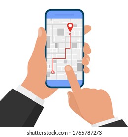 Mobile GPS Navigation. Hand holding smartphone with map application. Vector illustration isolated on white background