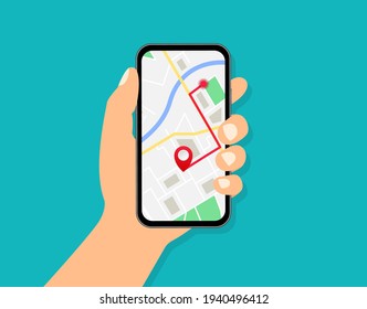 Mobile GPS navigation. Hand holding smartphone with city map and marker. Location map with city street roads on the smartphone screen. Map navigation app. Vector illustration.