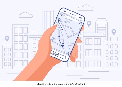 Mobile GPS navigation. Hand holding smartphone with open map, route planning and geolocation. Application for tourists and travelers. Locate position technology. Cartoon flat vector illustration