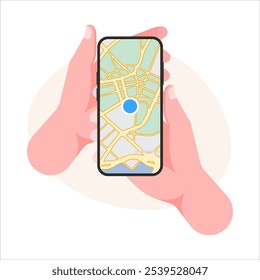 Mobile GPS Navigation: Hand Holding Phone with Map and Marker - Location Tracking App Illustration