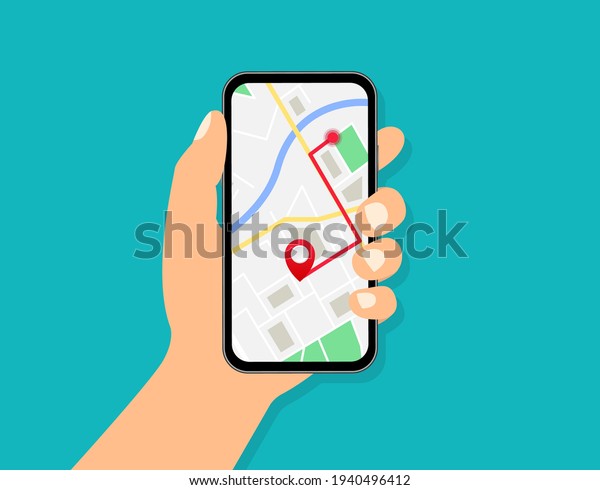 Mobile GPS\
navigation. Hand holding smartphone with city map and marker.\
Location map with city street roads on the smartphone screen. Map\
navigation app. Vector\
illustration.