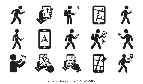Mobile gps navigation icons set featuring stick figure people using smartphones