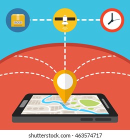 Mobile gps navigation map with pointer on screen smartphone. Tracking online. Flat vector illustration.