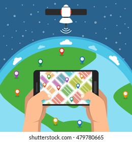 Mobile gps navigation map with pointer on screen smartphone. Tracking online. Flat vector illustration.