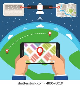 Mobile gps navigation map with pointer on screen smartphone. Tracking online. Flat vector illustration.
