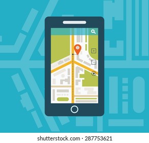 Mobile gps navigation on mobile phone with map. Mobile technologies concept.