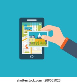 Mobile gps navigation on mobile phone with map. Search location on photos.