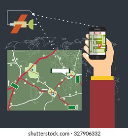 Mobile gps navigation on phone with map. Mobile technologies concept.