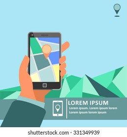 Mobile gps navigation on mobile phone with map poster. Smartphone with navigation map in hand. Mobile technologies ad campaign concept.