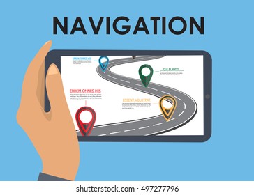 Mobile gps navigation on mobile phone. Hand holds smartphone with city map on screen. Vector illustration flat design. Icon isolated GPS mobile device.