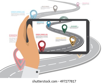 Mobile gps navigation on mobile phone. Hand holds smartphone with city map on screen. Vector illustration flat design. Icon isolated GPS mobile device.