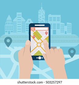 Mobile gps navigation on mobile phone with map and pin vector illustration.