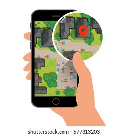 Mobile gps navigation on mobile phone with map and pin. Top view of the city Vector illustration.