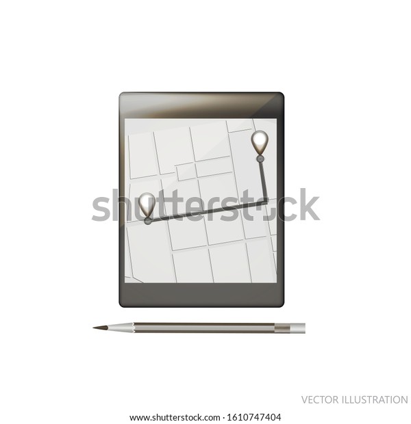 Mobile GPS navigation. Phone map\
application and points on screen. App search map navigation.\
Isolated online maps on screen tablet. Vector\
Illustration.