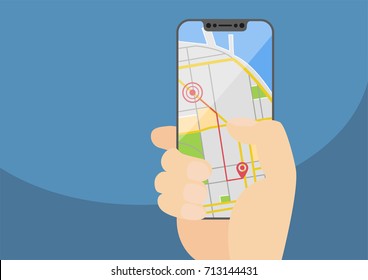 Mobile GPS navigation and routing concept with hand holding modern bezel-free smartphone. Vector illustration with frameless touchscreen displaying a city map app.