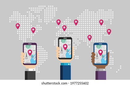 Mobile gps navigation service banner illustration.  Hand-holding mobile phone with map application.