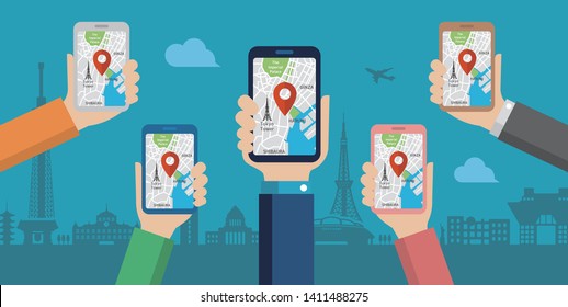 mobile gps navigation service flat illustration.  Hand-holding mobile phone with map application ( Tokyo city sightseeing )