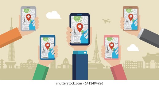 mobile gps navigation service flat illustration.  Hand-holding mobile phone with map application ( Tokyo city sightseeing )