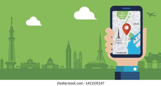 mobile gps navigation service flat illustration.  Hand-holding mobile phone with map application ( Tokyo city sightseeing )