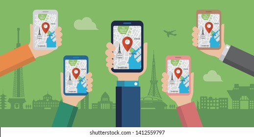 mobile gps navigation service flat illustration.  Hand-holding mobile phone with map application ( Tokyo city sightseeing )