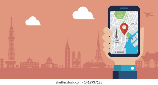 mobile gps navigation service flat illustration.  Hand-holding mobile phone with map application ( Tokyo city sightseeing )