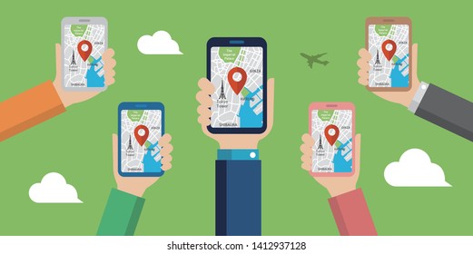 mobile gps navigation service flat illustration.  Hand-holding mobile phone with map application ( Tokyo city sightseeing )