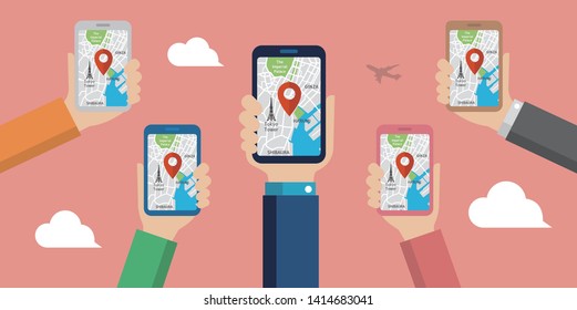 mobile gps navigation service flat illustration.  Hand-holding mobile phone with map application ( Tokyo city sightseeing )