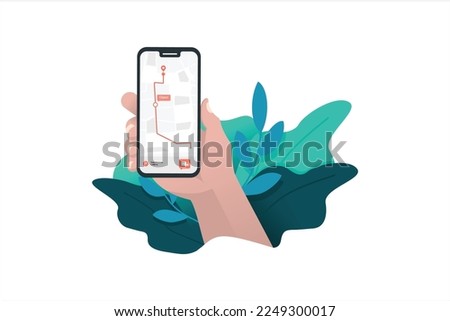 mobile gps navigation service flat illustration. Hand-holding mobile phone with map application