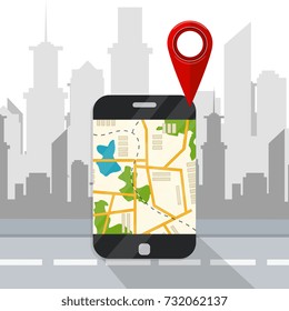 
Mobile GPS navigation service.  Map on application. Mobile phone with navigation application. Vector illustration.